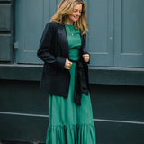 Clemence Dress in Jewel Green with Contrast Black Satin Belt