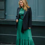 Clemence Dress in Jewel Green with Contrast Black Satin Belt