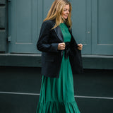 Clemence Dress in Jewel Green with Contrast Black Satin Belt