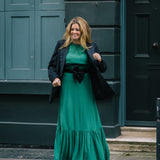 Clemence Dress in Jewel Green with Contrast Black Satin Belt