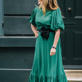 Clemence Dress in Jewel Green with Contrast Black Satin Belt