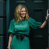 Clemence Dress in Jewel Green with Contrast Black Satin Belt