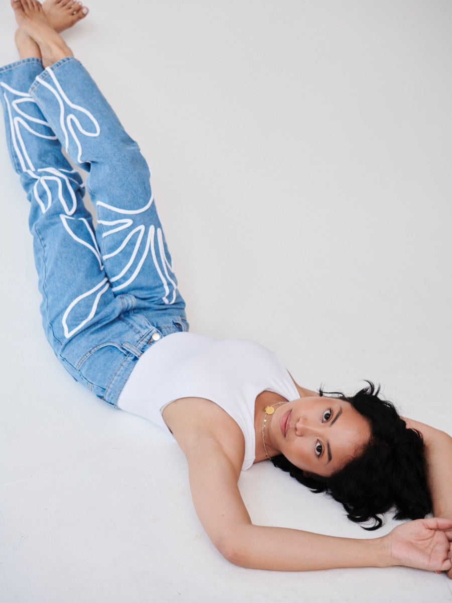 High Waisted Organic & Recycled Floral Trim Blue Jeans