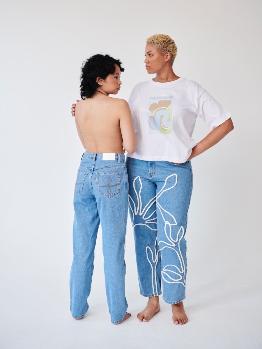 High Waisted Organic & Recycled Floral Trim Blue Jeans