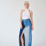 Embrace sustainability with our new upcycled denim maxi skirt. Crafted with love and a commitment to the environment, each skirt tells a unique story while reducing fashion waste.