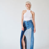 Embrace sustainability with our new upcycled denim maxi skirt. Crafted with love and a commitment to the environment, each skirt tells a unique story while reducing fashion waste.