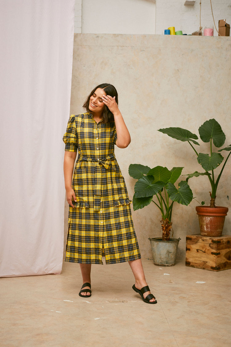 Rosa Puff Sleeve Shirtdress in Yellow Check Lyocell/ Cotton by Saywood
