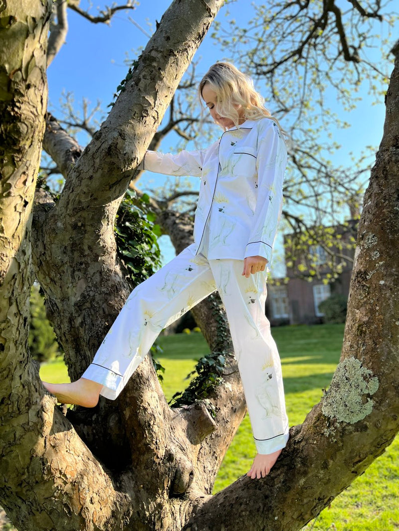 Fresh crisp white 100% Aegean cotton pyjamas with stand out prints for effortless style. Each print design is taken from a hand painted piece of art here in the UK, it’s then transformed into the striking fabric pattern on the highest quality 100% Aegean cotton. Long cotton fibres ensure strong durable soft cotton that actually improves with age.
