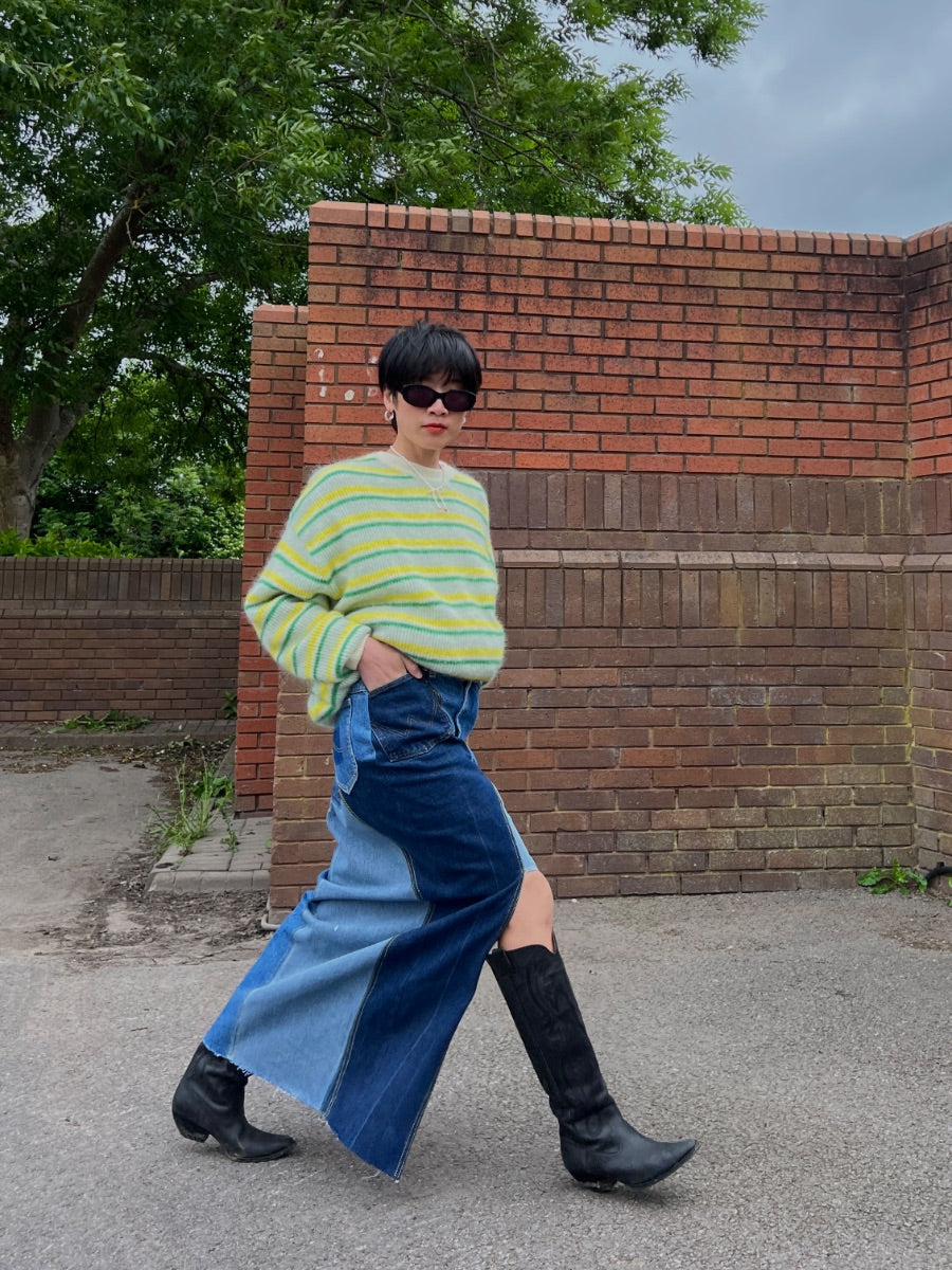 Embrace sustainability with our new upcycled denim maxi skirt. Crafted with love and a commitment to the environment, each skirt tells a unique story while reducing fashion waste.