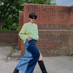 Embrace sustainability with our new upcycled denim maxi skirt. Crafted with love and a commitment to the environment, each skirt tells a unique story while reducing fashion waste.