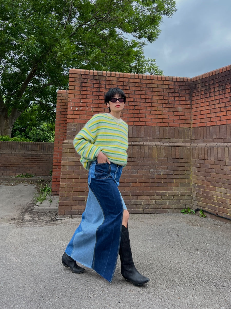 Embrace sustainability with our new upcycled denim maxi skirt. Crafted with love and a commitment to the environment, each skirt tells a unique story while reducing fashion waste.