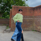Embrace sustainability with our new upcycled denim maxi skirt. Crafted with love and a commitment to the environment, each skirt tells a unique story while reducing fashion waste.
