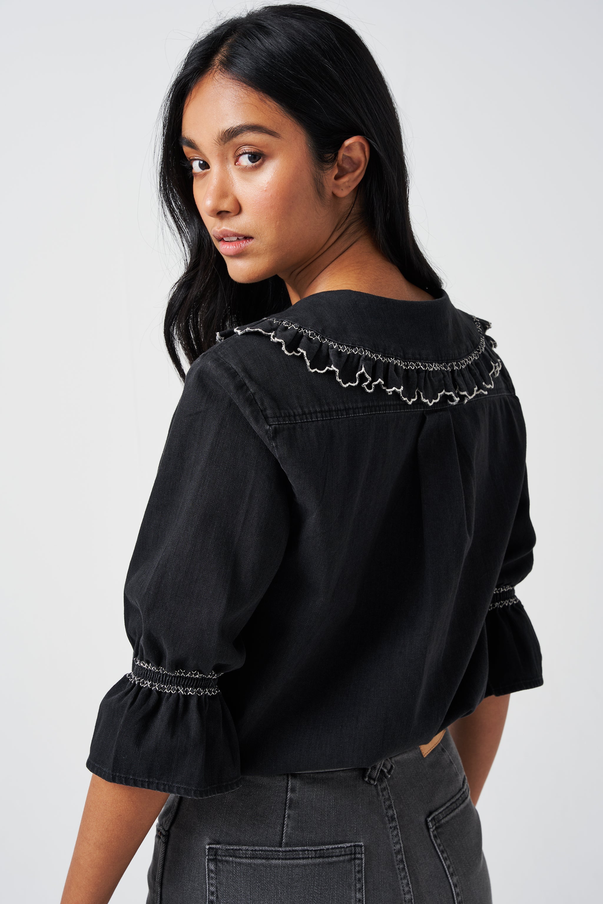 Daisy Blouse In Black Denim by Seventy + Mochi - 6 / Black