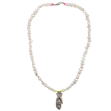 The Pearl Hand of Charity necklace by Bella Riley. Exclusive to Percy Langley.  Handmade in Hackney by jeweller Bella Riley, maker of joyful Demi-fine jewellery. Bella’s designs beautifully balance classic and edgy.  A string of freshwater nugget pearls with 18k gold-plated star and silver hand of charity pendant which symbolises giving with love.