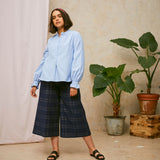 Amelia Wide Leg Culotte Trousers in Navy Check Deadstock Cotton