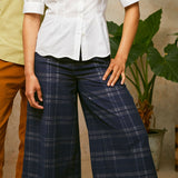 Amelia Wide Leg Culotte Trousers in Navy Check Deadstock Cotton