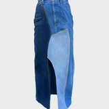 Embrace sustainability with our new upcycled denim maxi skirt. Crafted with love and a commitment to the environment, each skirt tells a unique story while reducing fashion waste.