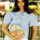 Frances Linen Cropped Blouse  - Royal Blue Gingham