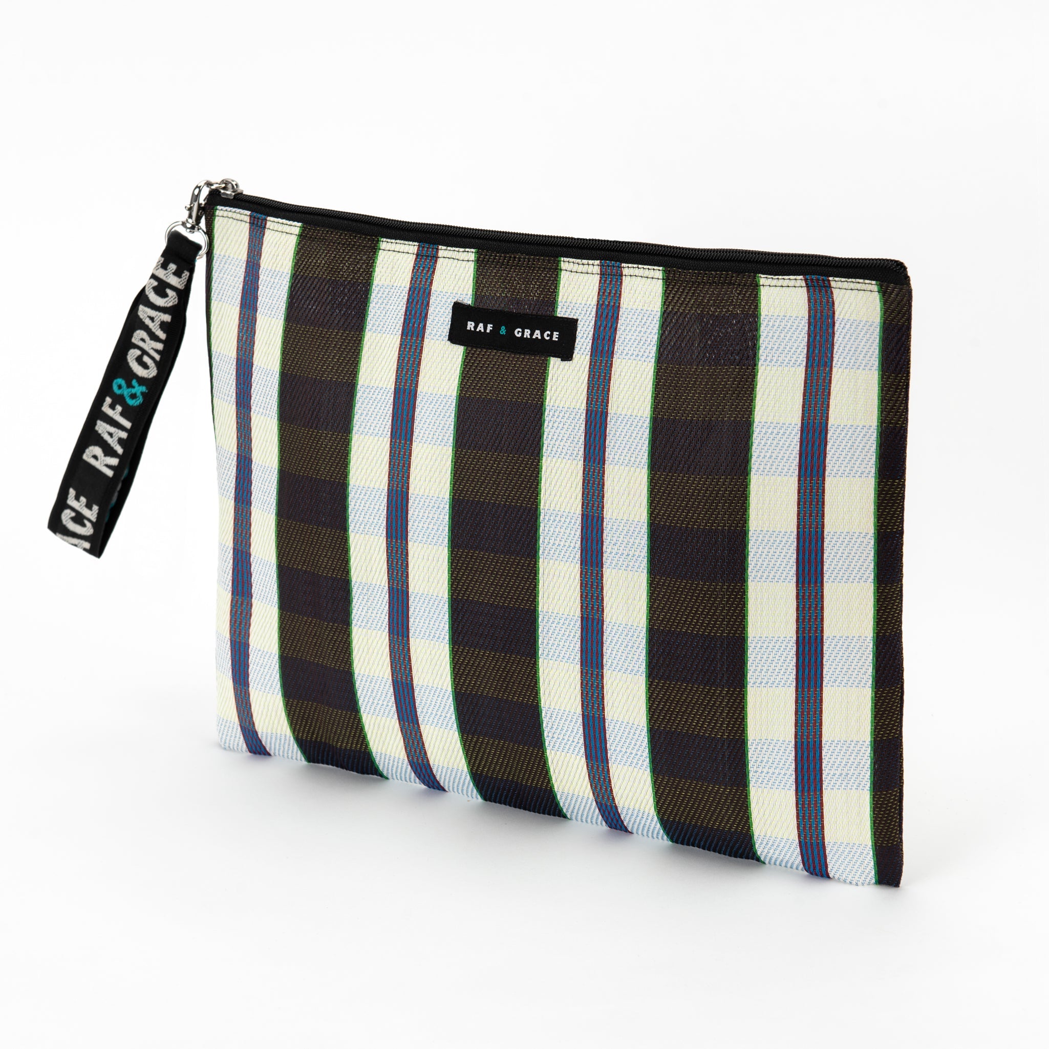 White, Black & Navy Stripe Recycled Plastic Large Pouch