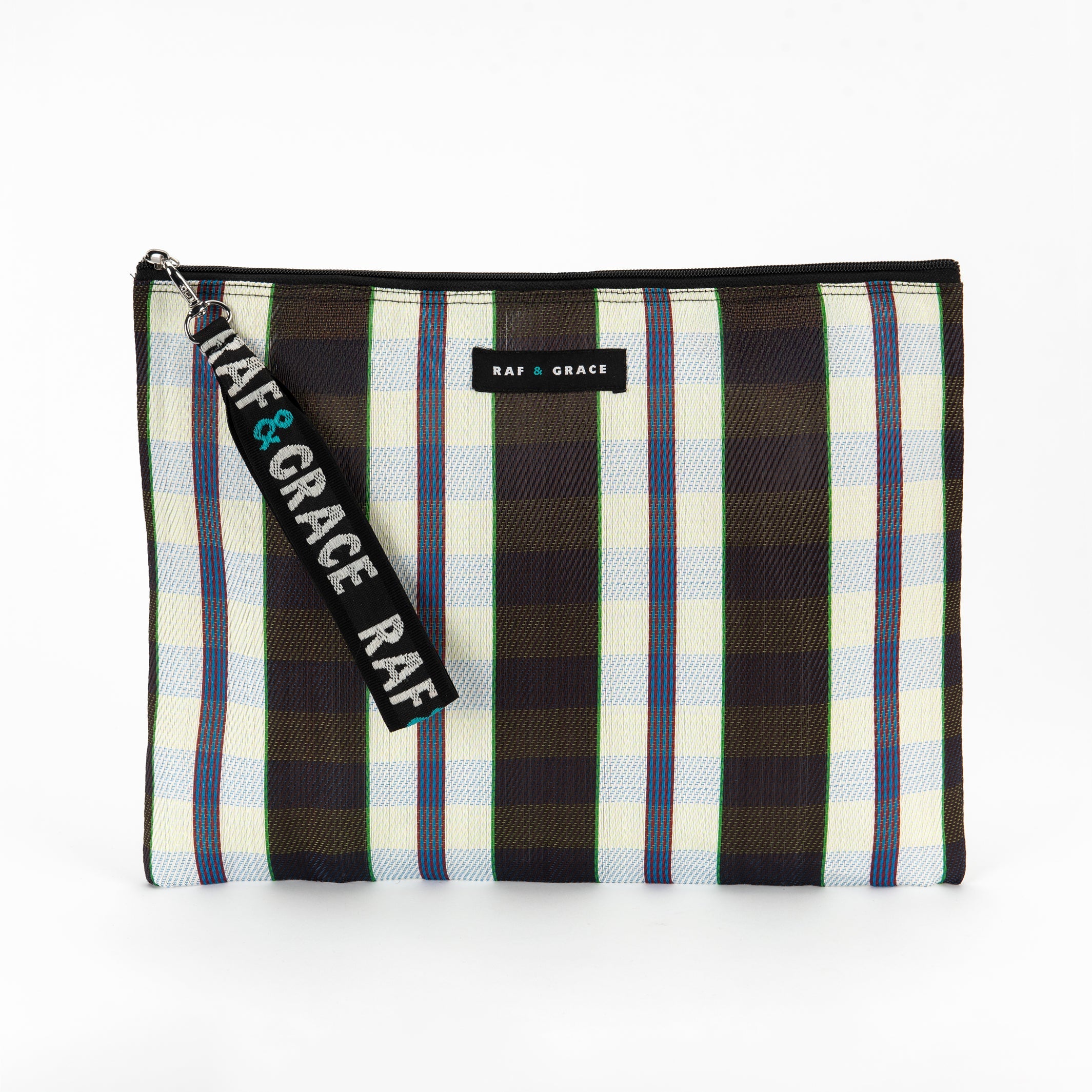 Recycled Plastic Large Pouch in White, Black & Navy Stripe