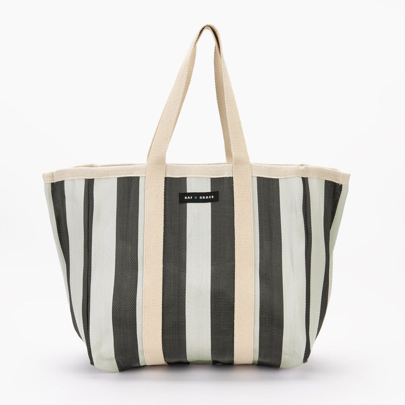 Large Recycled Plastic Black and Cream Stripe Shopper