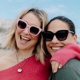 Close-up of black colourful sunglasses highlighting the tinted lenses.