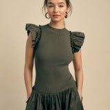 Drop Waist Knit Midi Dress in Khaki