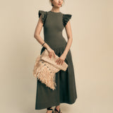 Drop Waist Knit Midi Dress in Khaki