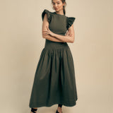 Drop Waist Knit Midi Dress in Khaki