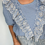 Peggy Broderie Frill Cotton Top in Blue Gingham