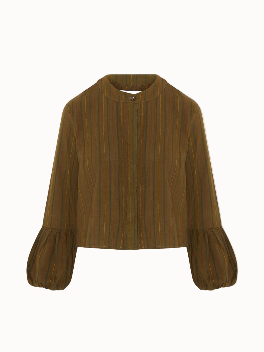 Striped Puff Sleeve Blouse in Khaki Green by Fanfare