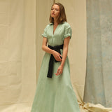 Aja's Linen Maxi Dress with Belt in Mint Green/Black by Lora Gene