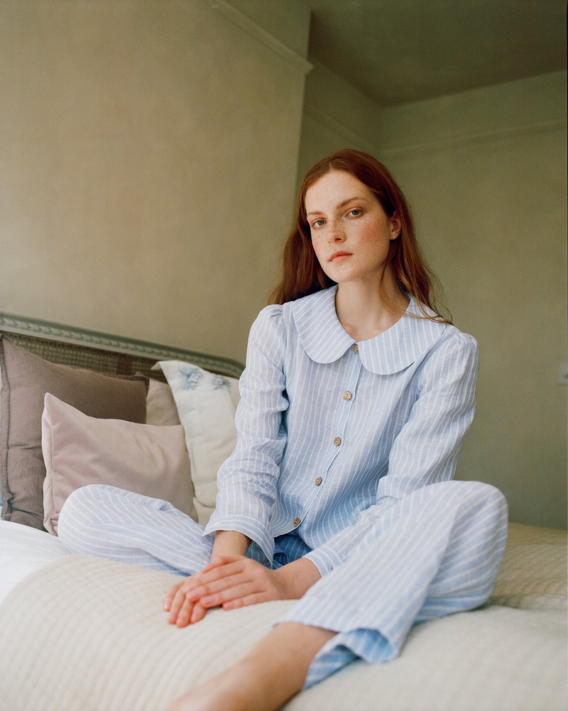 Claudine Linen Blouse in Baby Blue Stripe by Ma + Lin