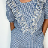 Peggy Broderie Cotton Short in Blue Gingham