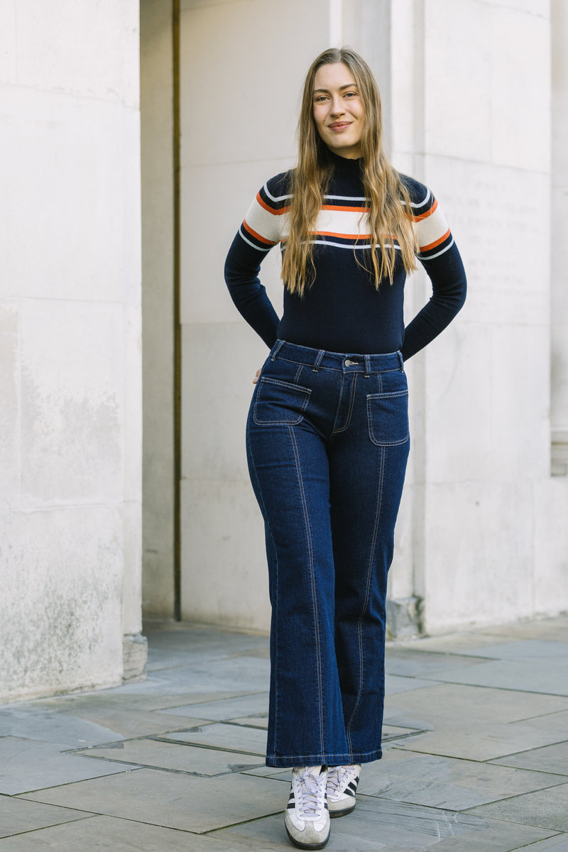 Cashmere Mix High Neck Jumper in Navy/Cream/Orange Stripe by Mirla Beane