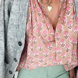 Penny Tie Neck Cotton Shirt in Pink Floral