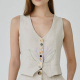 Daphne Linen Waistcoat in Beige Floral
