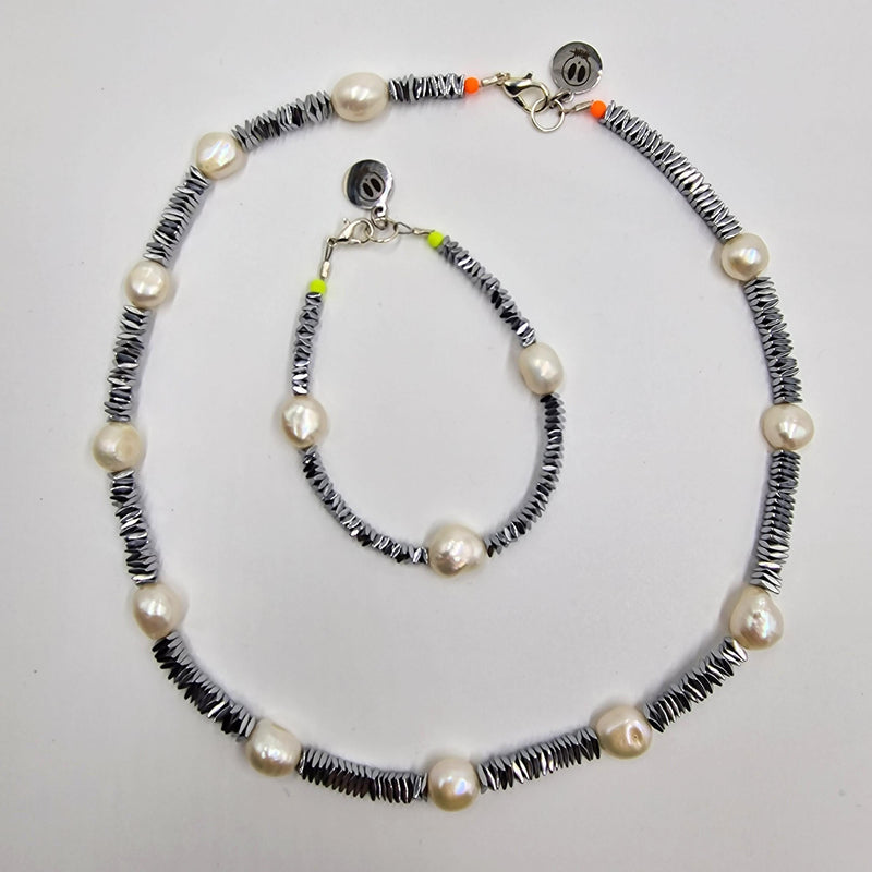 Chunky Silver Hematite & Pearl Spacer Necklace by Bella Riley