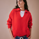 Cowrie Merino Wool Polo Jumper in Red