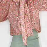 Penny Tie Neck Cotton Shirt in Pink Floral