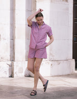 Bessie A-Line Short in Berry Red Stripe Cotton by Saywood