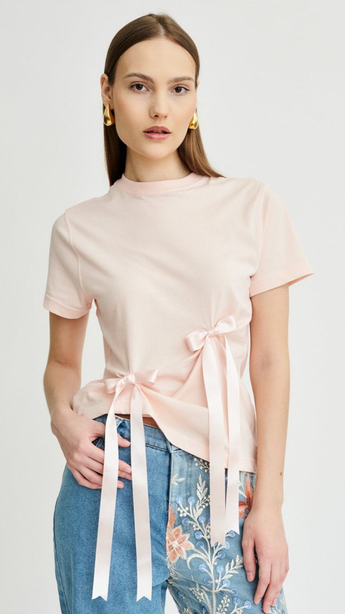 Women's Blush T-Shirt With Bows | Blossom Bow Top | Fanfare