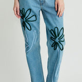 Women's Floral Embroidered Blue Jeans | Sustainable | Fanfare