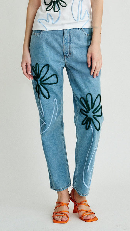 Women's Floral Embroidered Blue Jeans | Sustainable | Fanfare