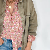 Penny Tie Neck Cotton Shirt in Pink Floral