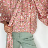 Penny Tie Neck Cotton Shirt in Pink Floral