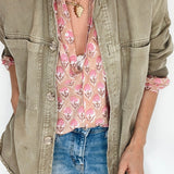 Penny Tie Neck Cotton Shirt in Pink Floral