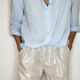 Millie Scalloped Cotton Short in Silver Stripe