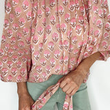 Penny Tie Neck Cotton Shirt in Pink Floral
