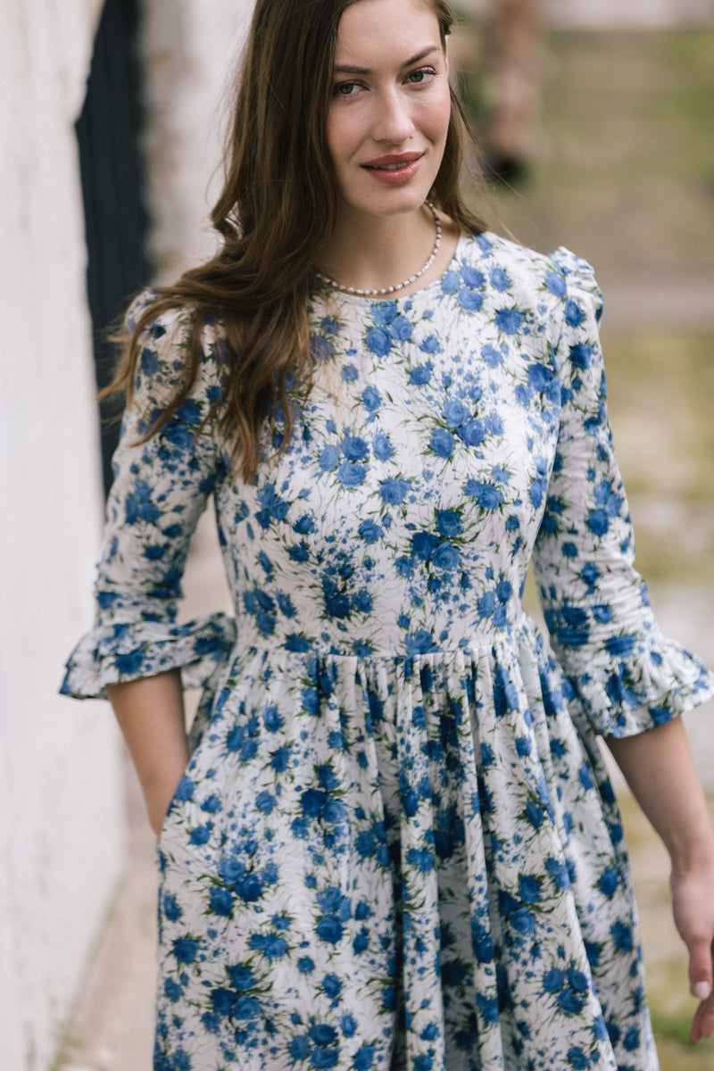 Felicity Dress Round Neck in Blue Rose Print by The Well Worn